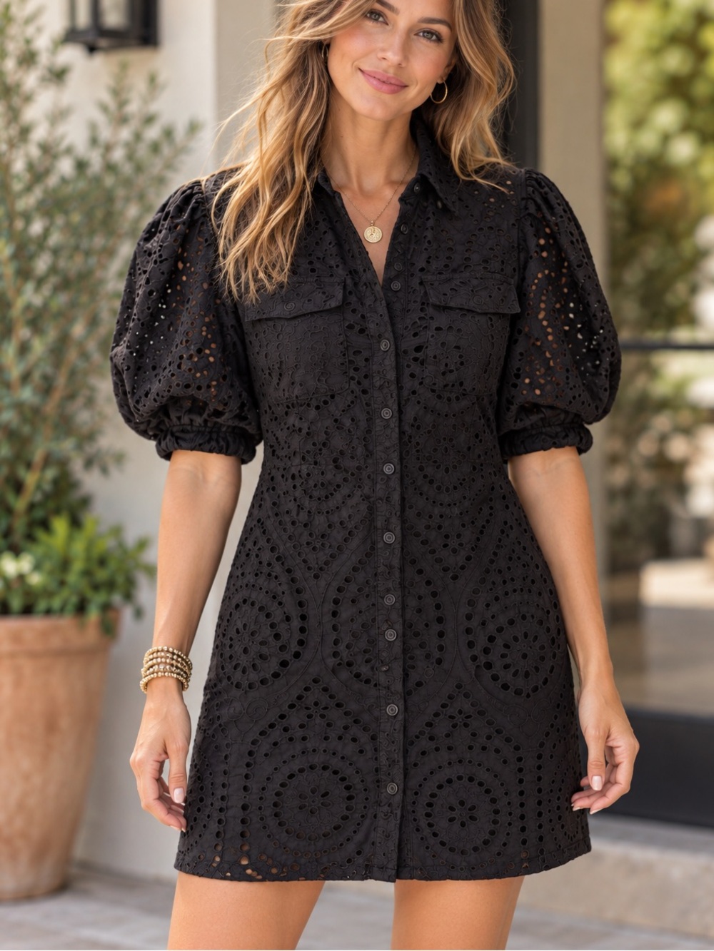 BARDOT Brody Black Sz 6 Eyelet Lace Mini Dress Button Front Puffed Sleeves